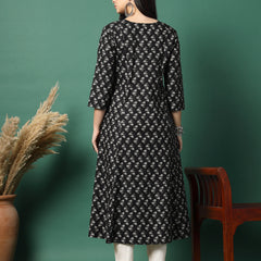 Women Navy Blue Cotton Printed A-Line Kurta