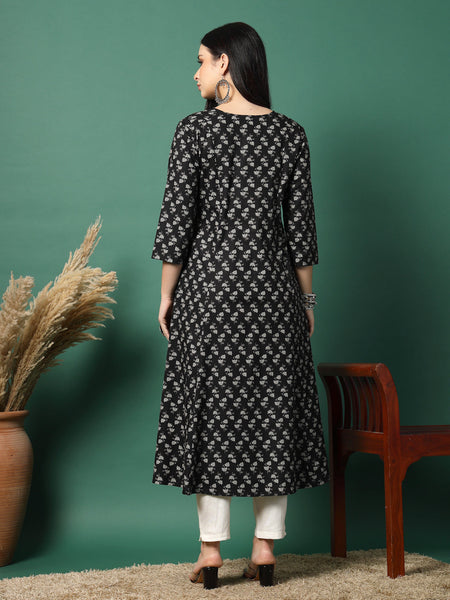 Women Navy Blue Cotton Printed A-Line Kurta