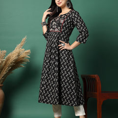 Women Navy Blue Cotton Printed A-Line Kurta