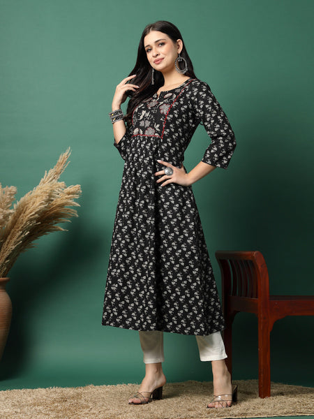 Women Navy Blue Cotton Printed A-Line Kurta