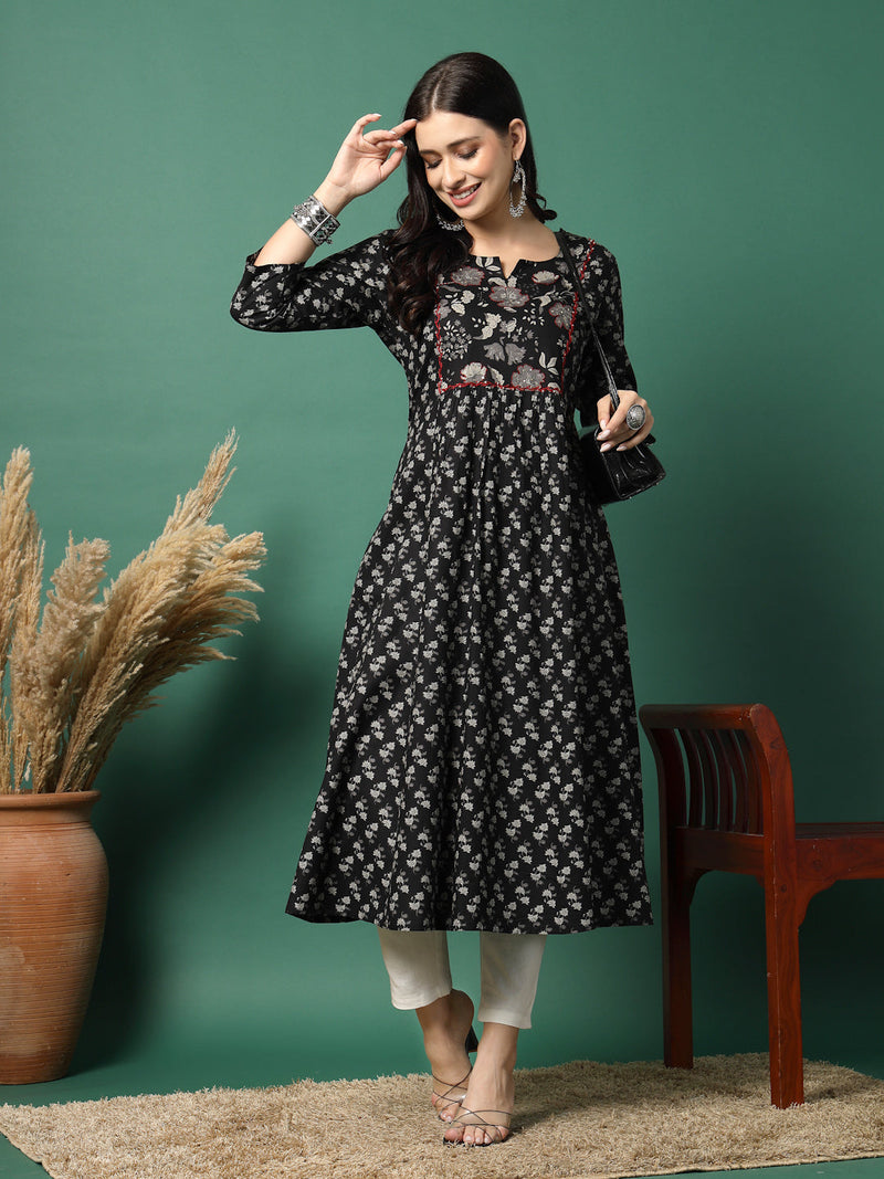 Women Navy Blue Cotton Printed A-Line Kurta