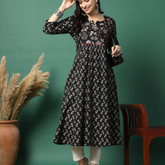 Women Navy Blue Cotton Printed A-Line Kurta
