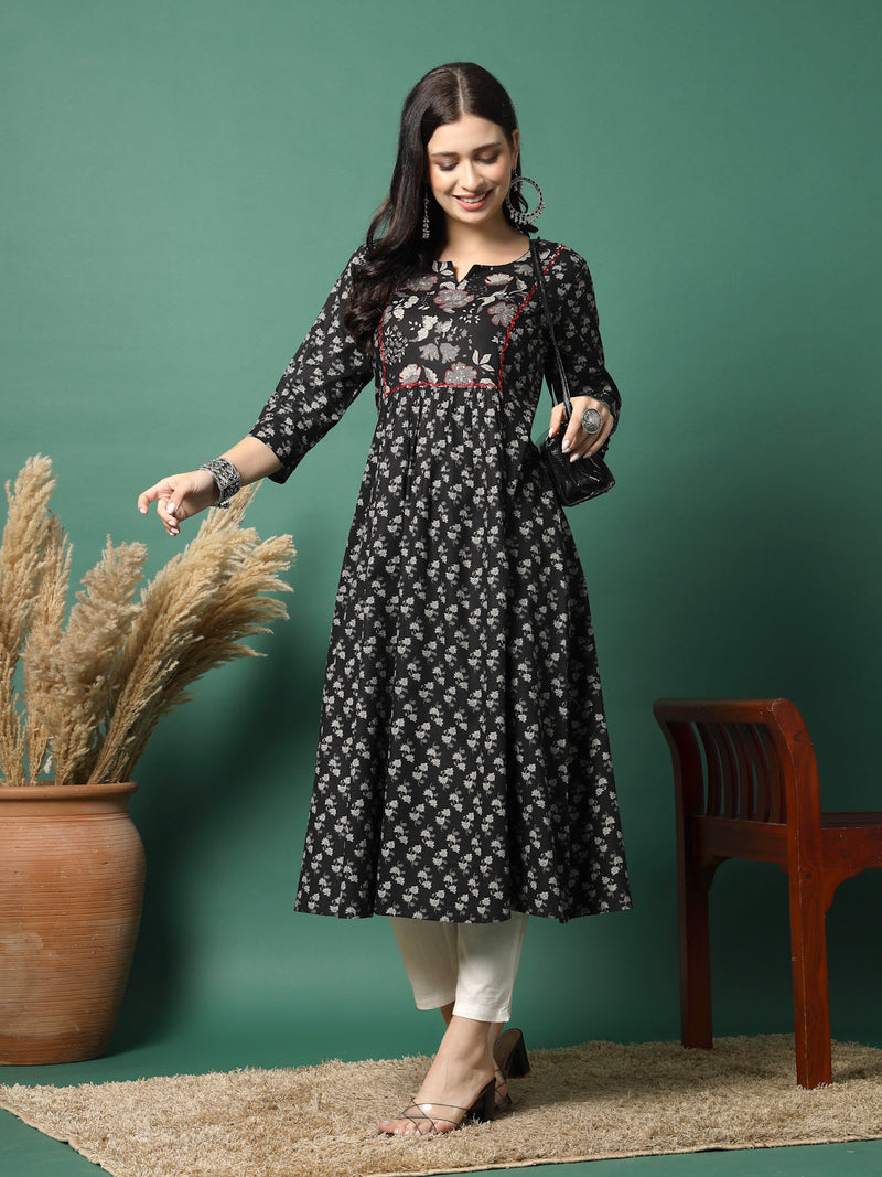 Women Navy Blue Cotton Printed A-Line Kurta