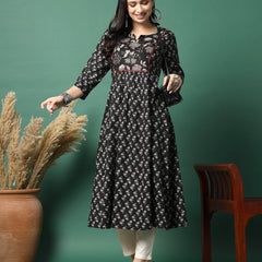 Women Navy Blue Cotton Printed A-Line Kurta