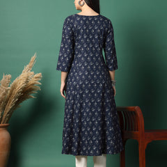 Women Navy Blue Cotton Printed A-Line Kurta