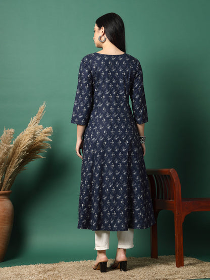 Women Navy Blue Cotton Printed A-Line Kurta