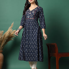 Women Navy Blue Cotton Printed A-Line Kurta
