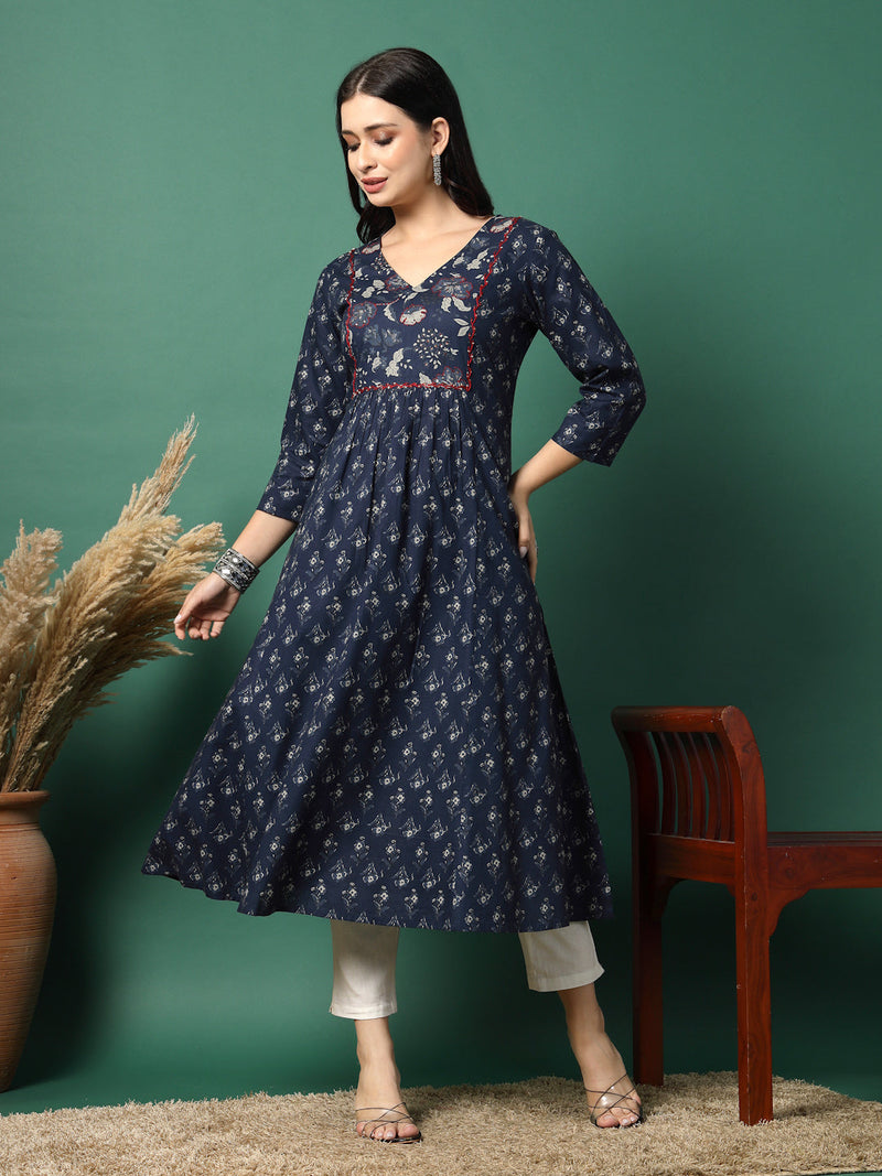 Women Navy Blue Cotton Printed A-Line Kurta