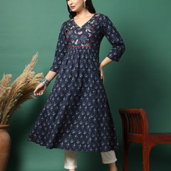 Women Navy Blue Cotton Printed A-Line Kurta