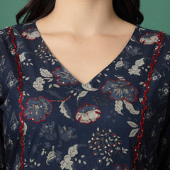 Women Navy Blue Cotton Printed A-Line Kurta