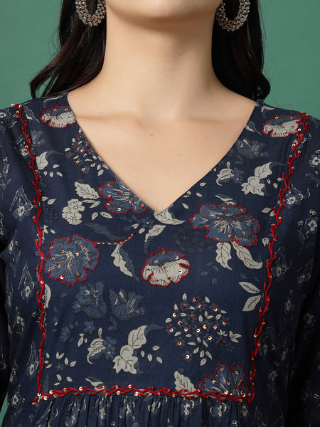 Women Navy Blue Cotton Printed A-Line Kurta