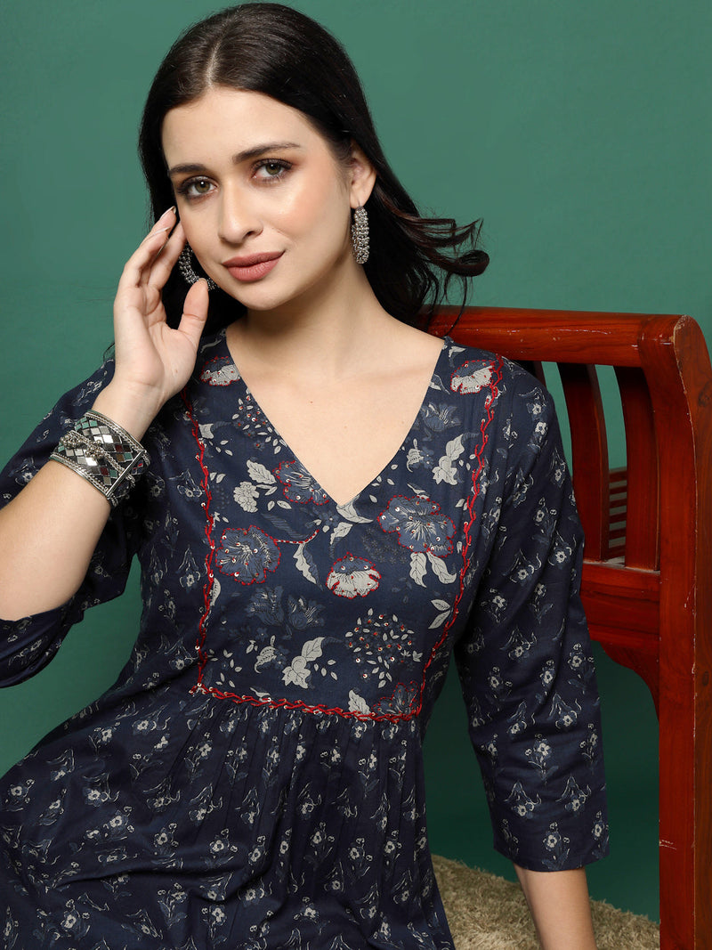 Women Navy Blue Cotton Printed A-Line Kurta