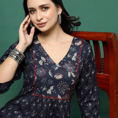 Women Navy Blue Cotton Printed A-Line Kurta