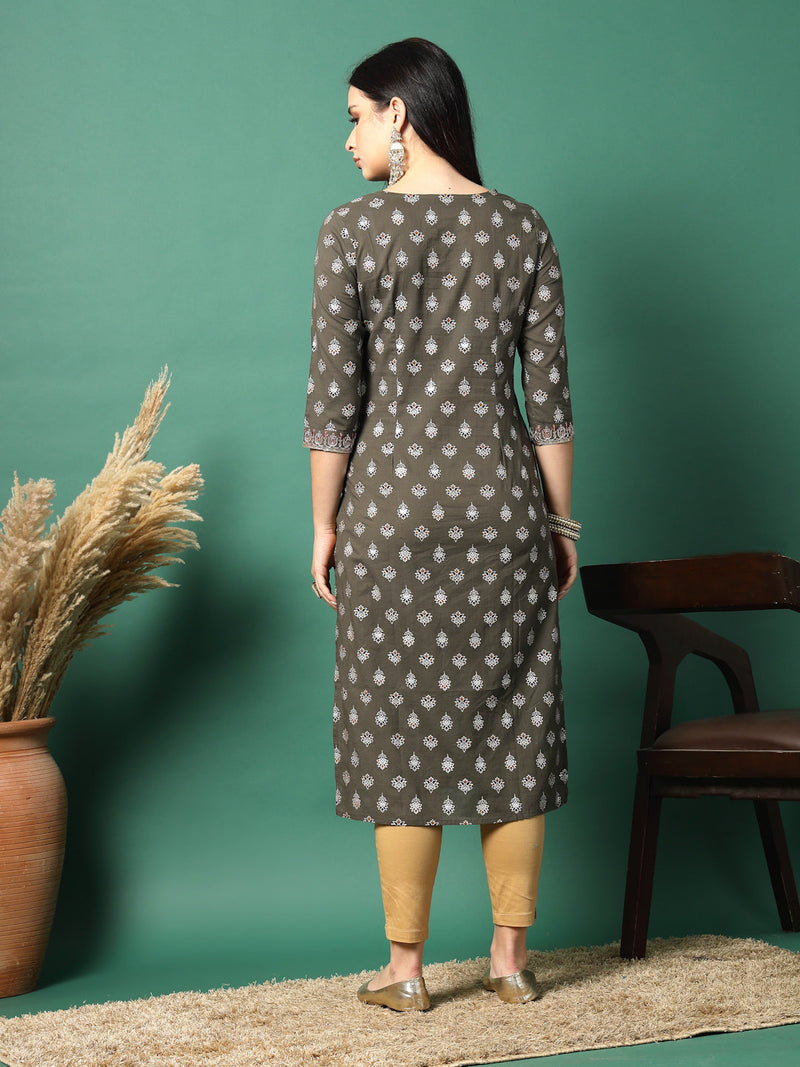 Women Grey Cotton Embroidered Straight Kurta
