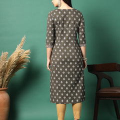 Women Grey Cotton Embroidered Straight Kurta