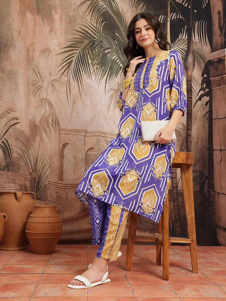 Women Blue Printed Kurta Palazzo Set