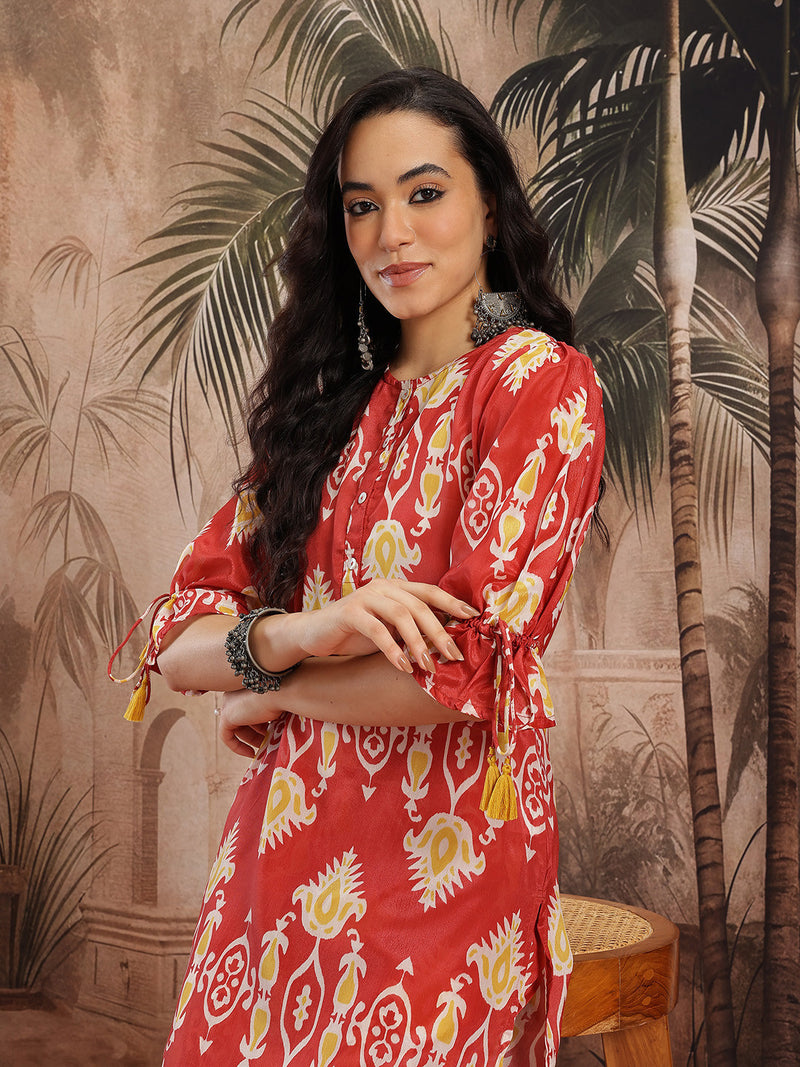Women Rust Printed Chinnon Kurta with Palazzos