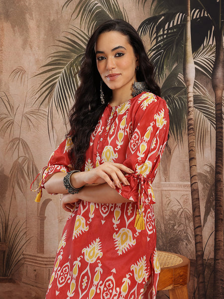 Women Rust Printed Chinnon Kurta with Palazzos