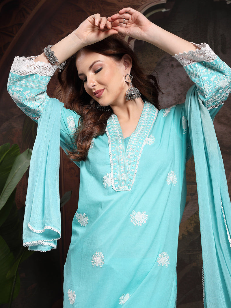 Women Turquoise Blue Pure Cotton Kurta Sets