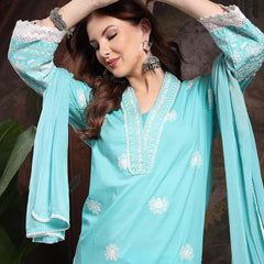 Women Turquoise Blue Pure Cotton Kurta Sets