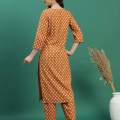Women Mustard Cotton Embroidered & Printed Straight Kurta Set