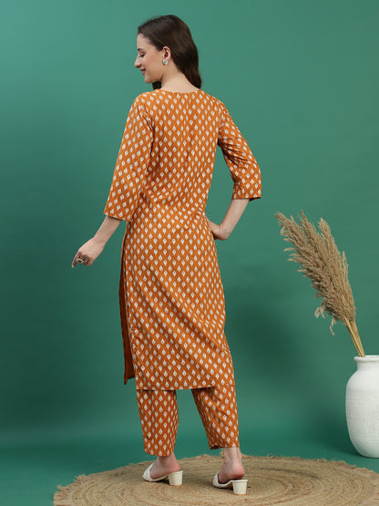 Women Mustard Cotton Embroidered & Printed Straight Kurta Set