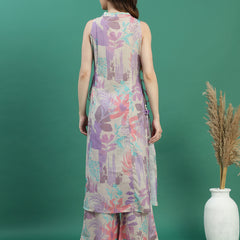 Women Beige Floral Printed Mirror Work V-Neck Straight Kurta With Trousers