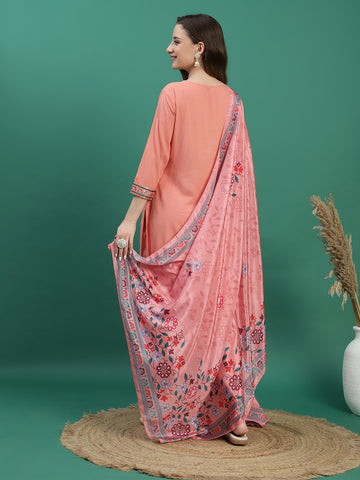 Women Peach Color Ethnic Motifs Embroidered Regular Sequinned Kurta with Trousers & With Dupatta