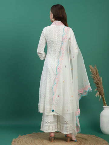 Women White Color Ethnic Motifs Embroidered Regular Sequinned Kurta with Sharara & With Dupatta