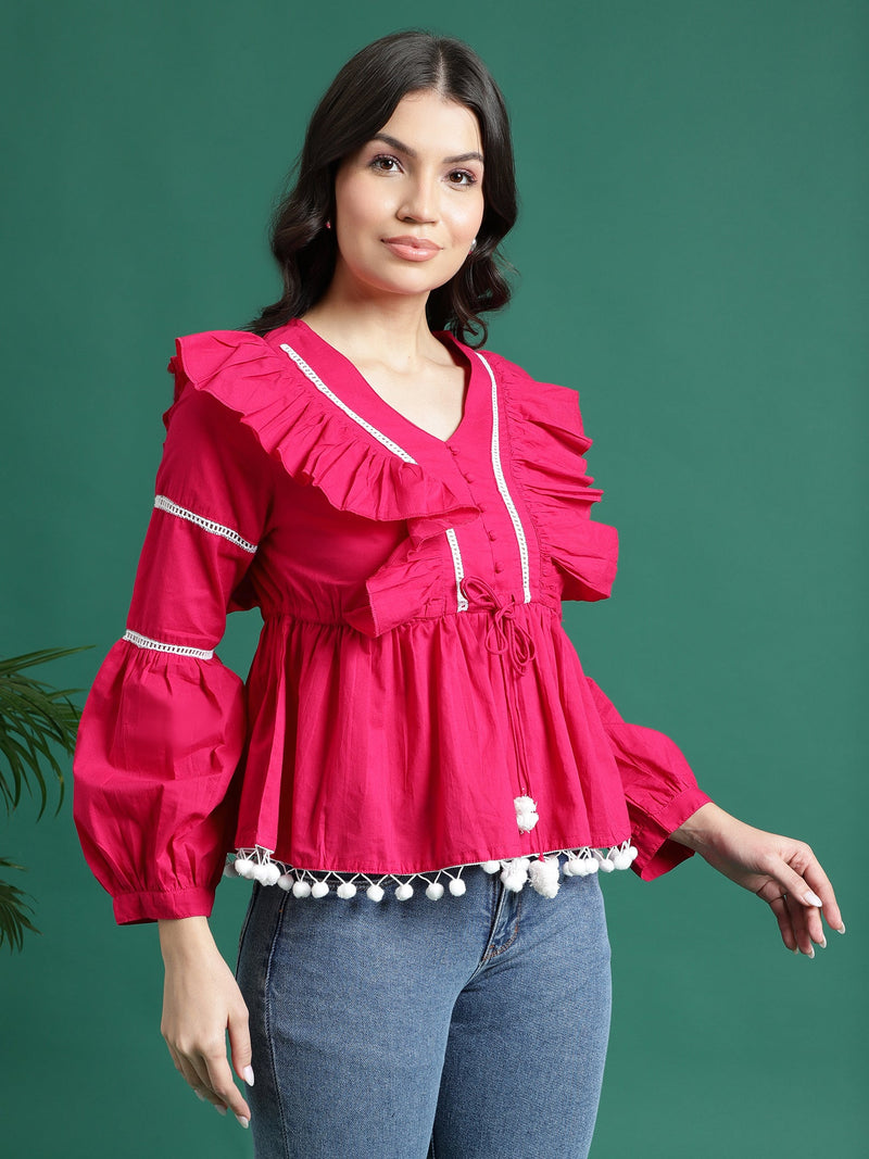 Women Pink Color V-Neck Gathered Cotton Peplum Tops