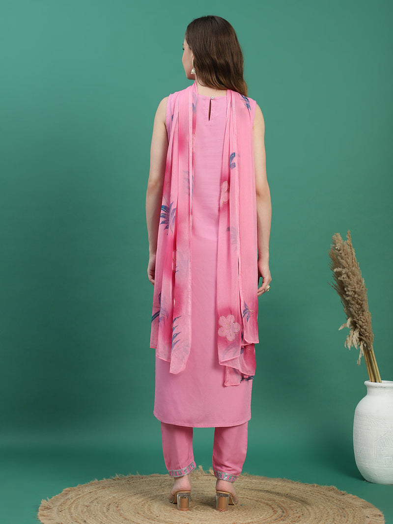 Women Pink Embroidered Sleeveless Straight Kurta Set