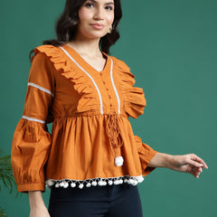 Women Mustard Color V-Neck Gathered Cotton Peplum Tops