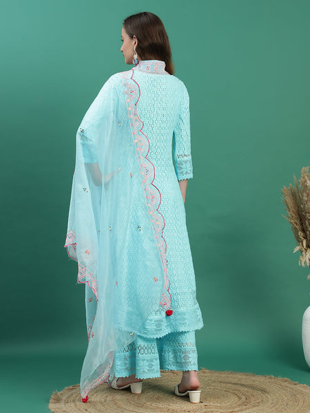 Women Turquoise Blue Embroidered Anarkali Kurta Set