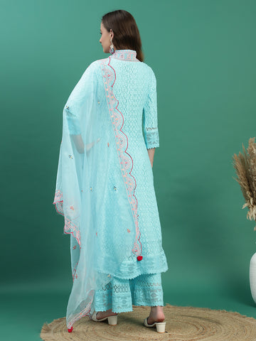 Women Turquoise Color Embroidery Anarkali Kurta Sharara With Dupatta Set