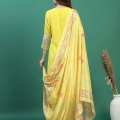 Women Yellow Cotton Embroidered Straight Kurta Set