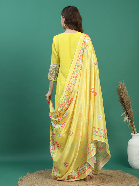 Women Yellow Cotton Embroidered Straight Kurta Set