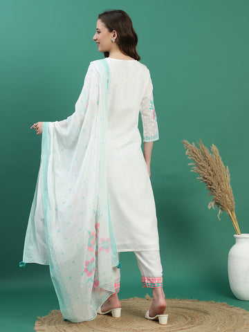 Women White Color Printed Kurta Pant With Dupatta Set