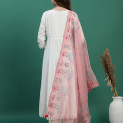 Women White Floral Embroidered Sequined Anarkali Cotton Kurta With Trousers & Dupatta