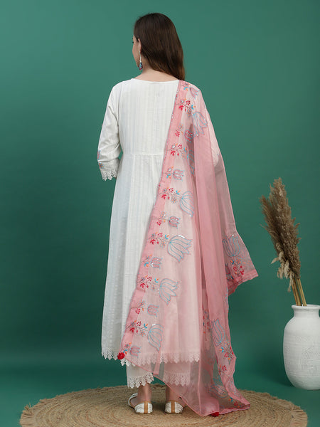 Women White Floral Embroidered Sequined Anarkali Cotton Kurta With Trousers & Dupatta