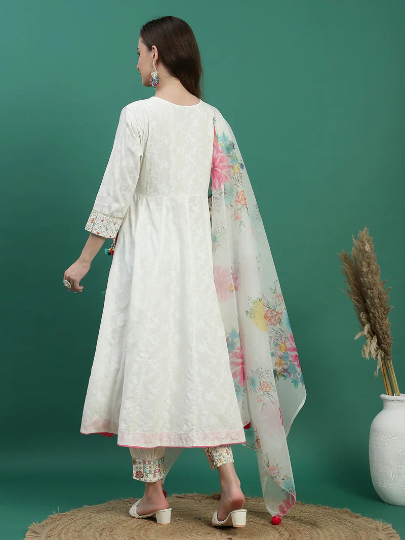 Women White Embroidered Angrakha Kurta Set