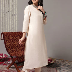Women Off White V-Neck Straight Kurta With Trousers & Dupatta