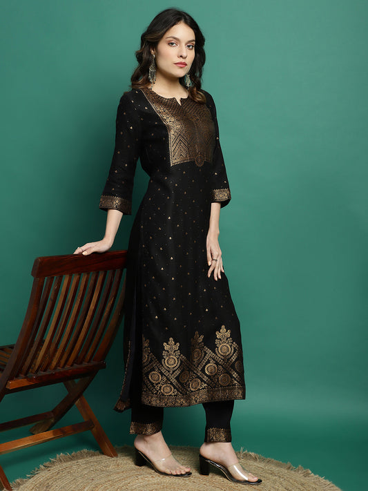 Women Black Color Self Design kurta Pant With Dupatta Set