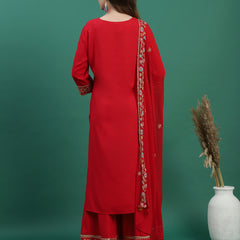 Women Red Embroidered Straight Kurta Set