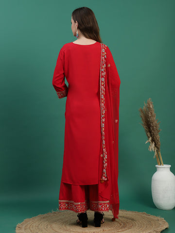 Women Red Color Embroidery Kurta Sharara With Dupatta Set