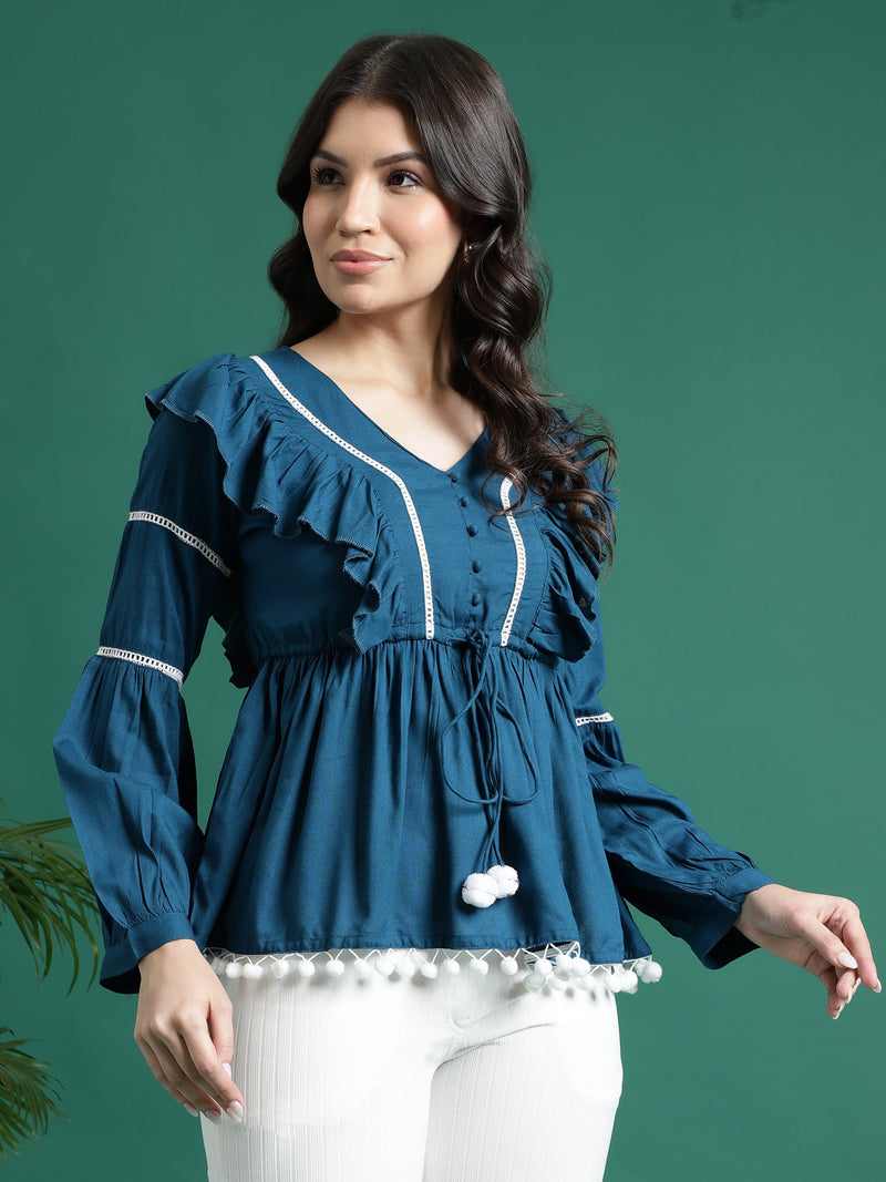 Women Blue V-Neck Gathered Cotton Peplum Tops