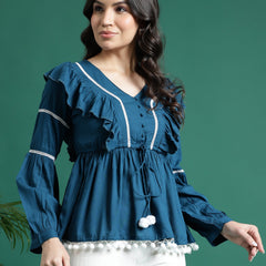 Women Blue V-Neck Gathered Cotton Peplum Tops