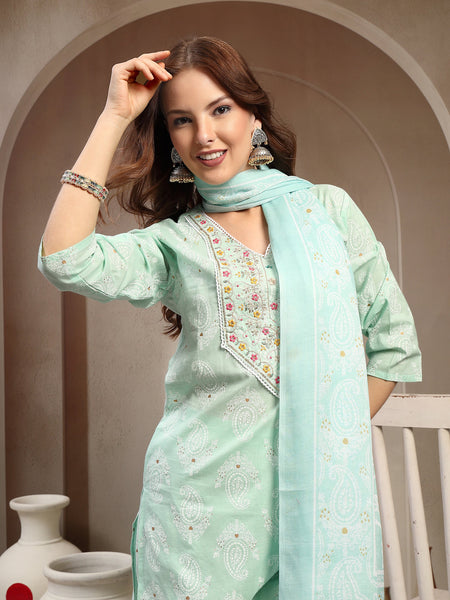 Women Green Pure Cotton Kurta Sets