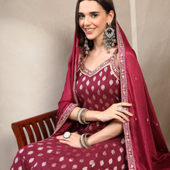 Women Burgundy  Woven Design & Embroidered Pure Cotton V-Neck Kurta & Trousers With Dupatta