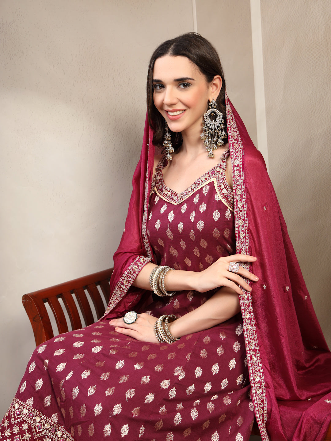 Women Burgundy  Woven Design & Embroidered Pure Cotton V-Neck Kurta & Trousers With Dupatta