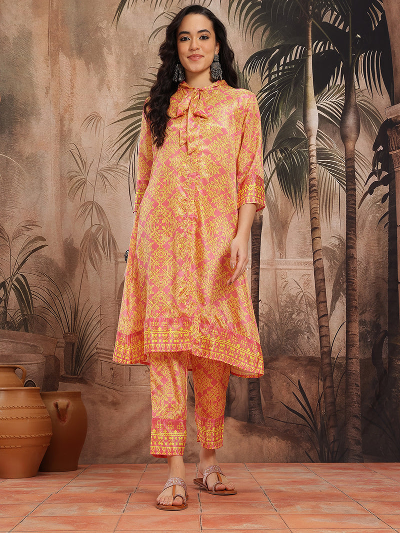 Women Yellow Floral Printed Chinnon Kurta with Palazzos
